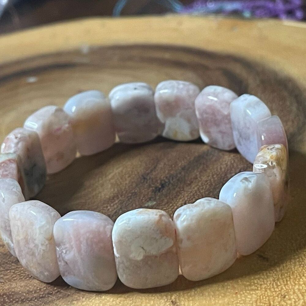 Pink flower agate soft bangle bracelet beaded beads new handmade .75” High beads